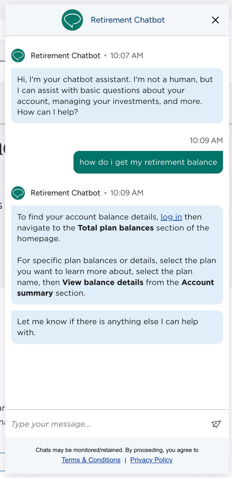 Chatbot conversation. A member types 'how do i get my retirement balance' and the bot explains how to log in and find Total plan balances and View balance details.