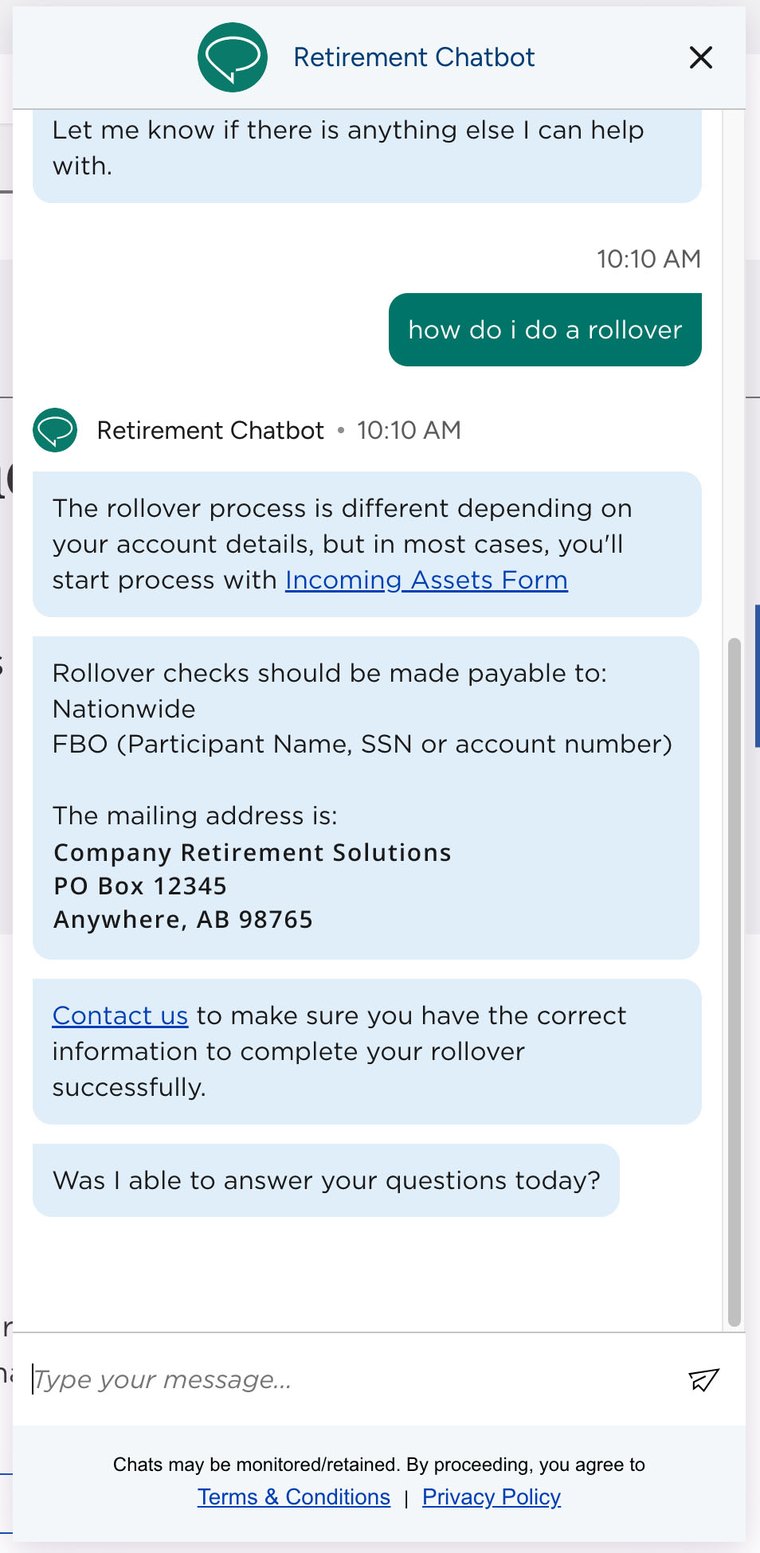 Chatbot conversation. A member types 'how do i do a rollover' and the bot answers with the Incoming Assets Form, who rollover checks are payable to, the mailing address, and a link to contact support.