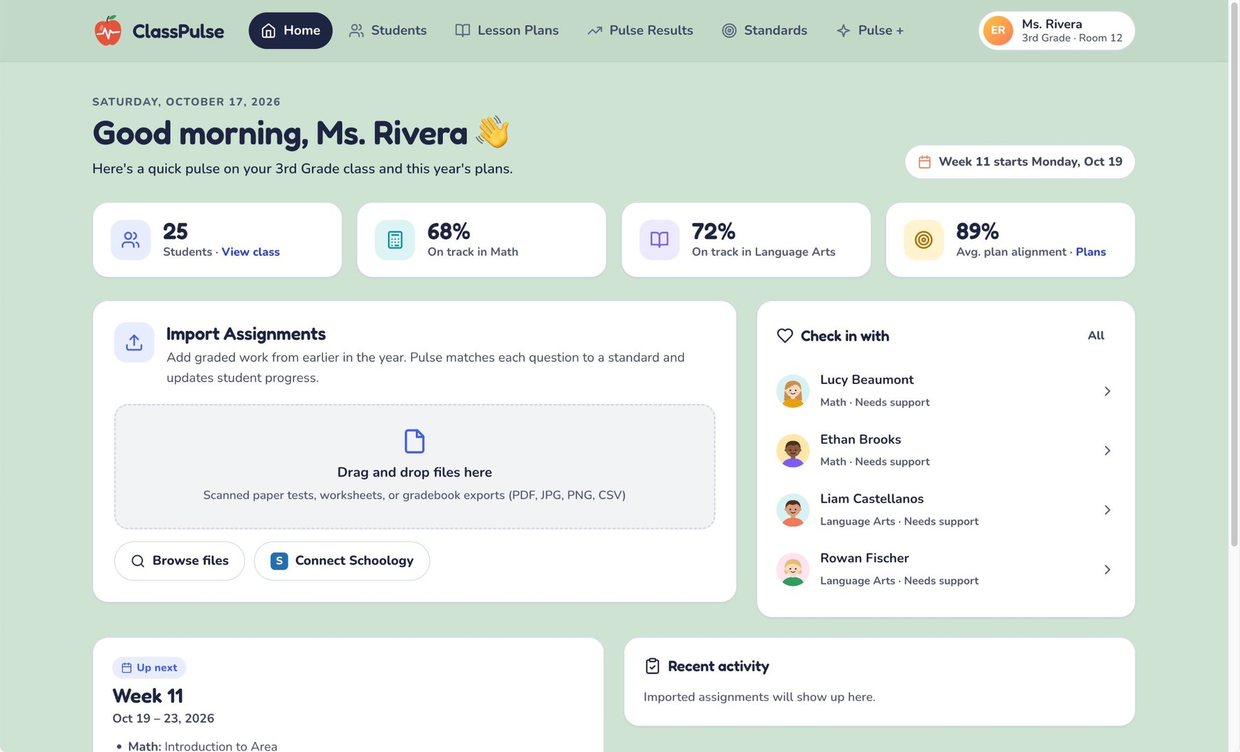 ClassPulse home screen. A greeting for Ms. Rivera's 3rd grade class, summary tiles for students, on-track percentages in Math and Language Arts and plan alignment, an Import Assignments area with drag and drop, and a Check in with list of students who need support.