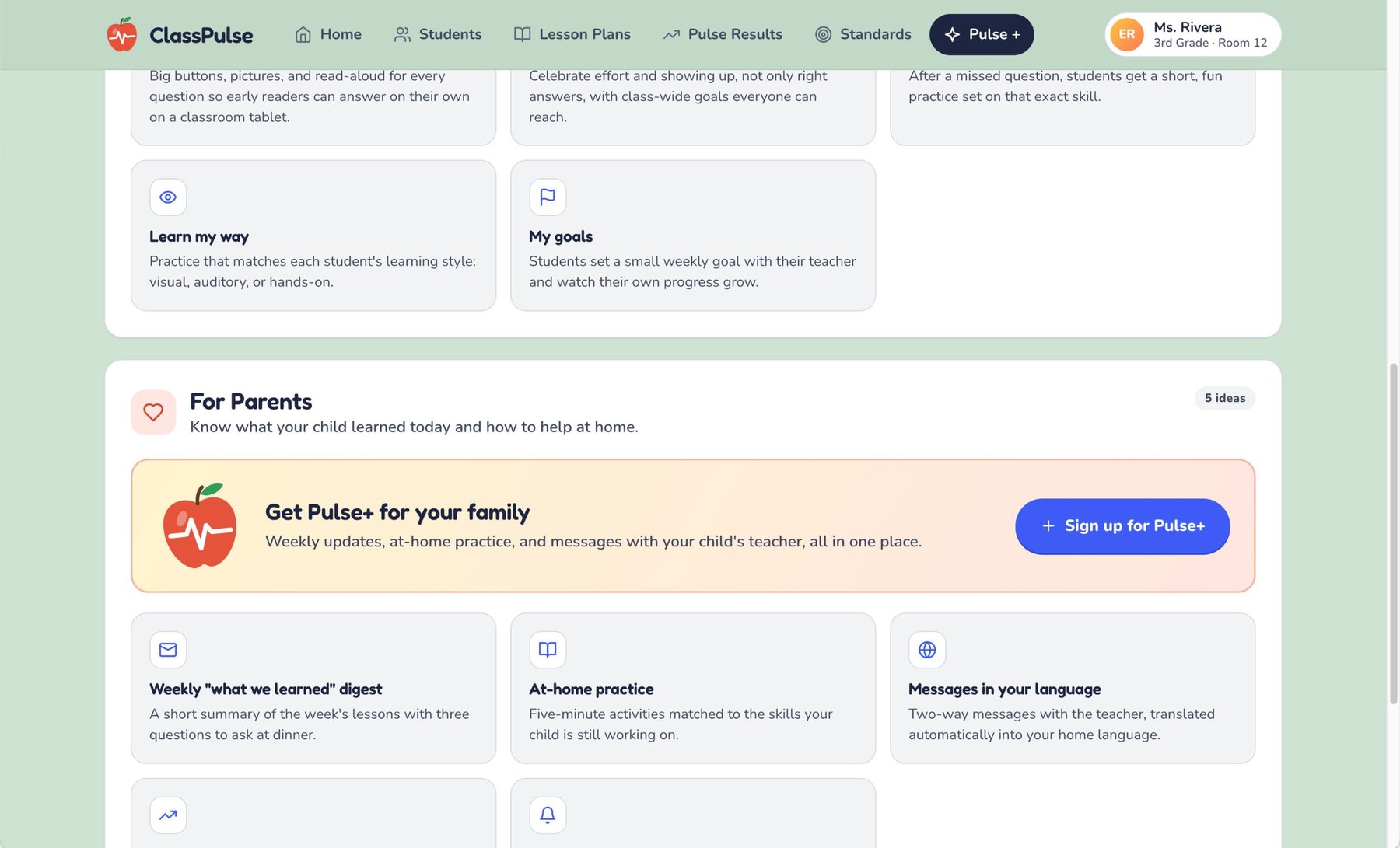 The Pulse+ screen with a For Parents section: a Get Pulse+ for your family banner and idea cards for a weekly digest, at-home practice, and messages in your language. Above it, student ideas such as Learn my way and My goals.