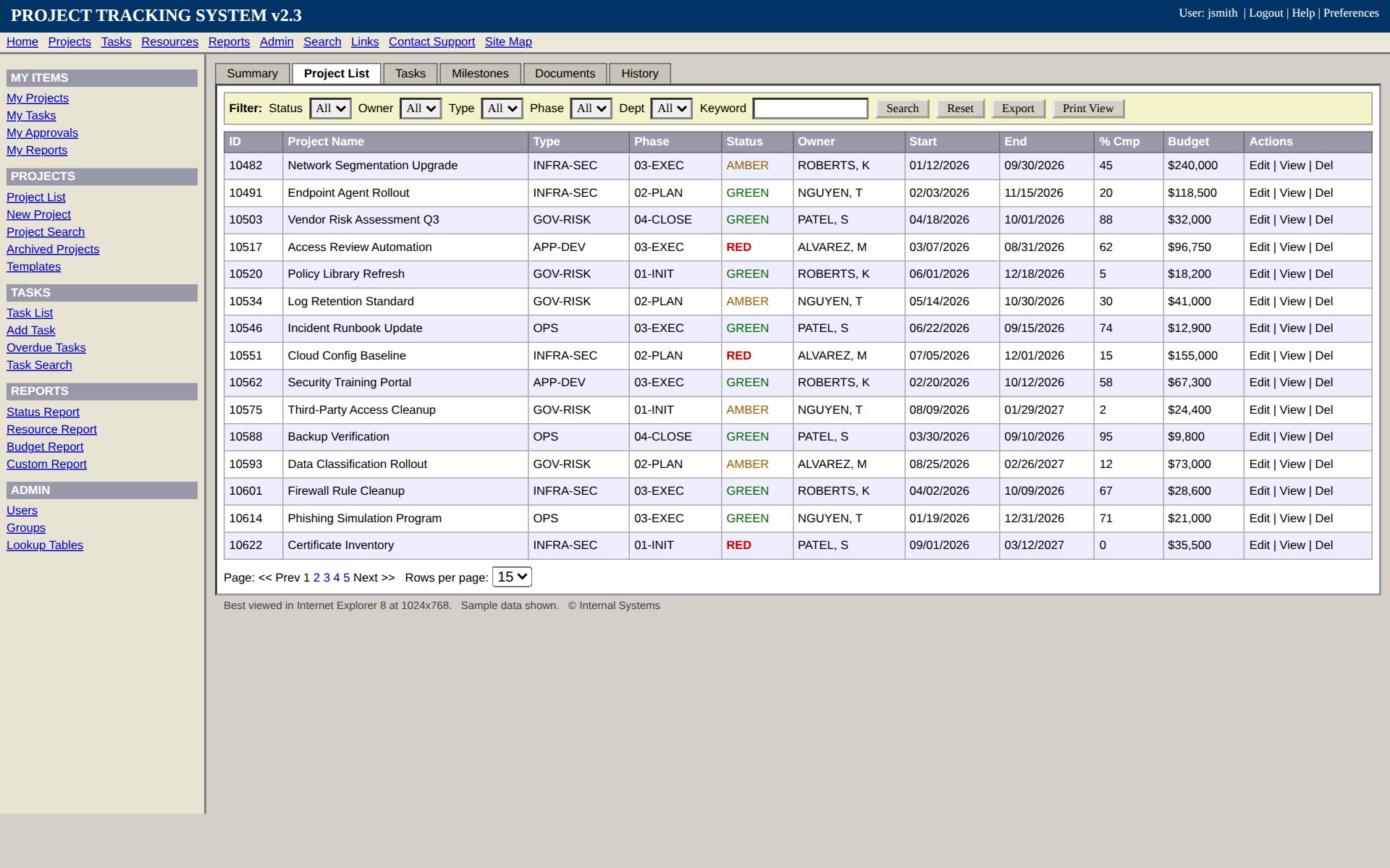 A representative example of an outdated project management interface: a crowded page with a long list of text links, many small filter dropdowns, a dense table of codes and dates, and beveled gray buttons.