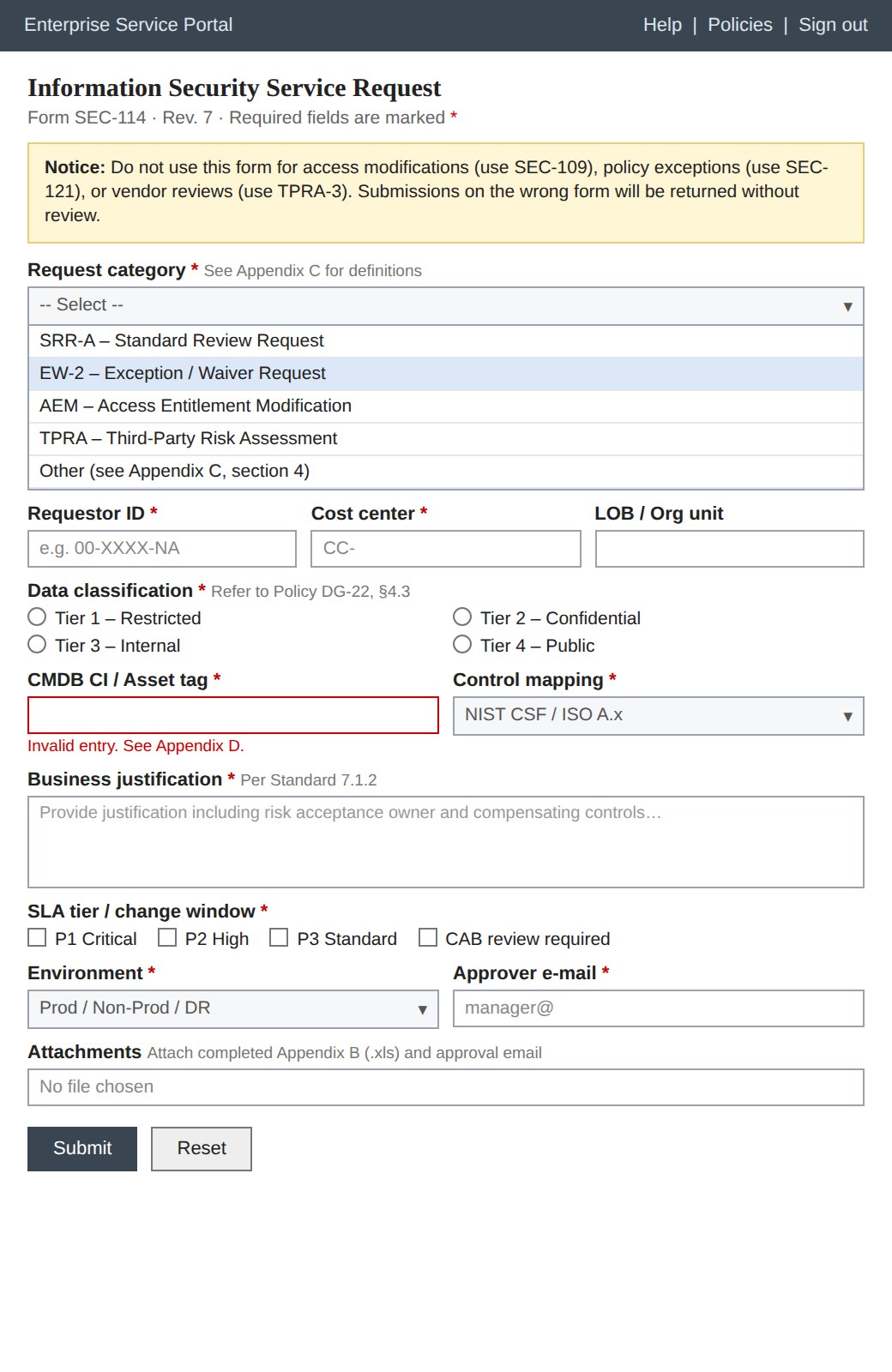 A representative traditional request form with a warning not to use it for other request types, a request category dropdown full of acronyms, many required fields, data classification tiers, a field with an error, a justification box, and attachment and submit buttons.