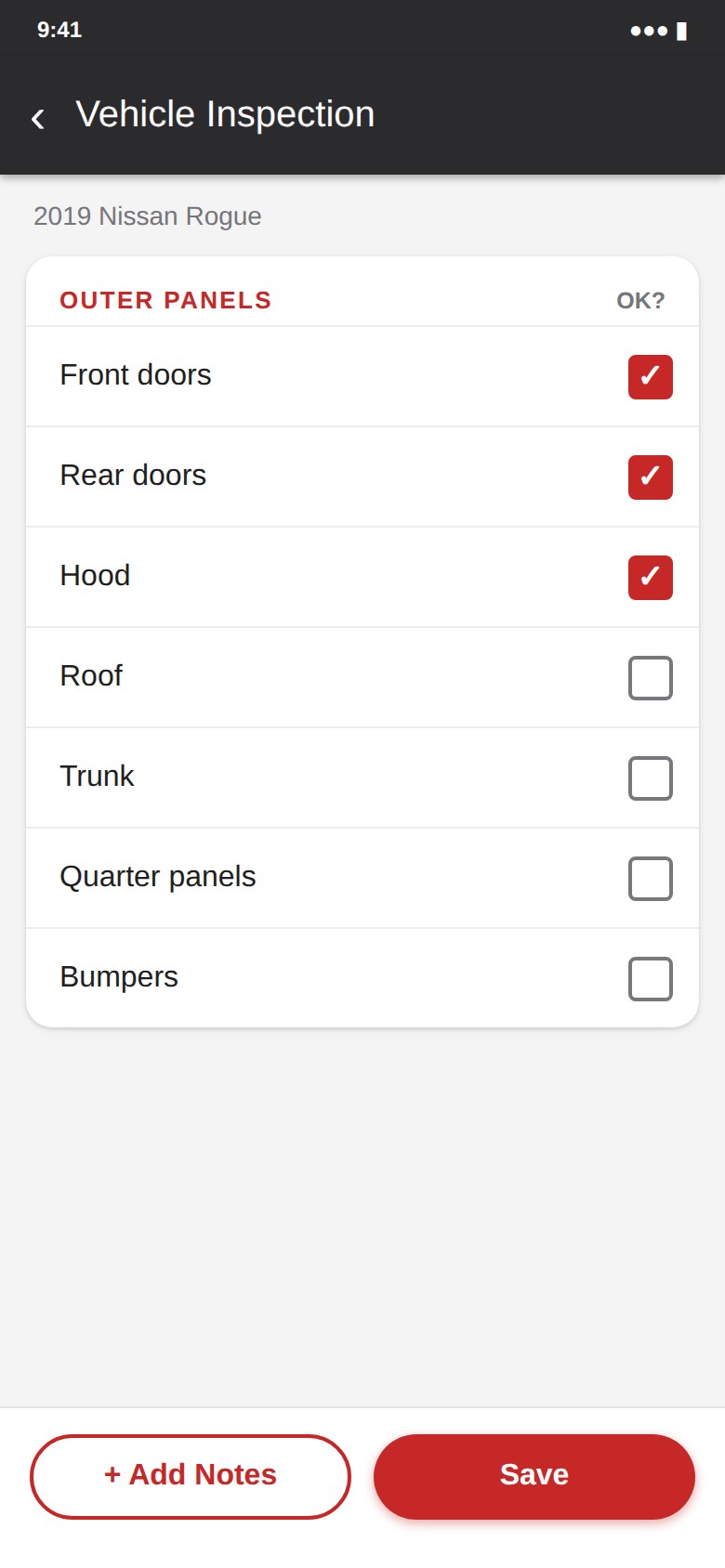 A representative checklist screen for Outer Panels, listing front doors, rear doors, hood, roof, trunk, quarter panels, and bumpers with checkboxes, and Add Notes and Save buttons at the bottom.
